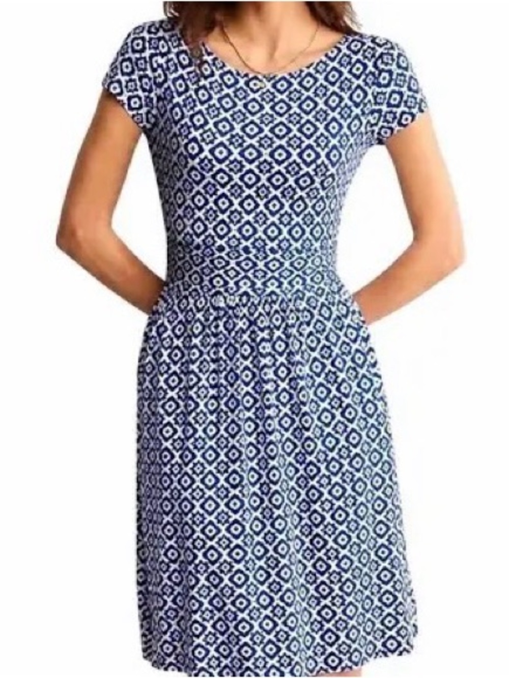Boden Amelie Jersey Dress Blue White Geometric Short Sleeve Fit & Flare Dress 4R